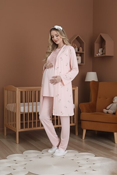 Lohussa New Season Pink Shawl Collar Floral Patterned Short Sleeve 100% Cotto...