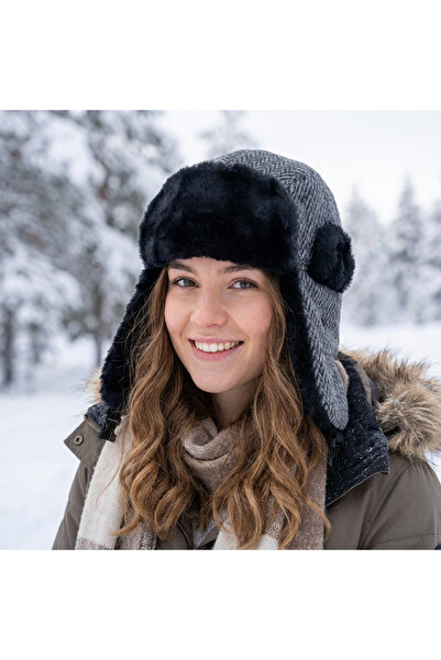 PIECE SIGNATURE 70% Cotton 30% Acrylic, Furry Russian Pilot Hat (for Women an...