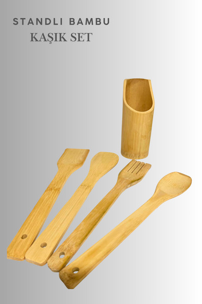 ViZKA Bamboo Stand Spoon Set, Wooden Countertop Spoon Set 5 Pieces