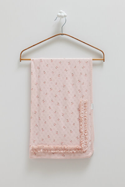 Caramell 100% Cotton Baby Blanket with Cherry Pattern and Ruffles - 90X90 cm