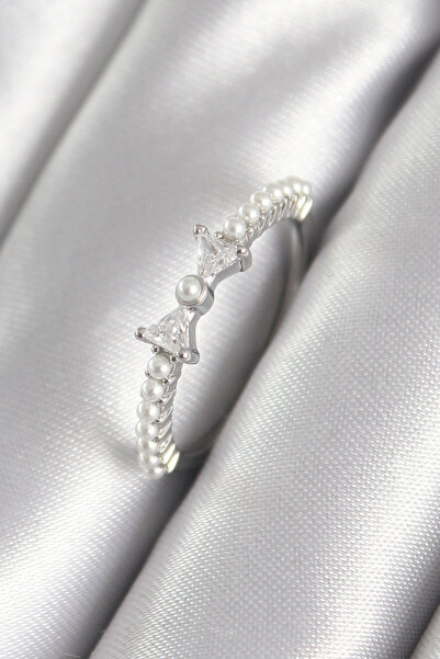 esplendor Brass Silver Color Zircon Stone Ribbon Model Pearl Detail Women's Ring