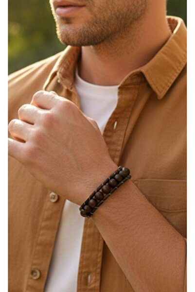 AKSESUARIM Men's 8mm Walnut Wood Leather Bracelet