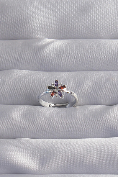 lowell home خاتم نحاسي فضي اللون مرصع بأحجار الزركون الملونة