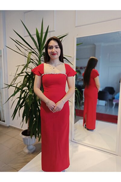 EYO Taş detaylı midi abiye elbise