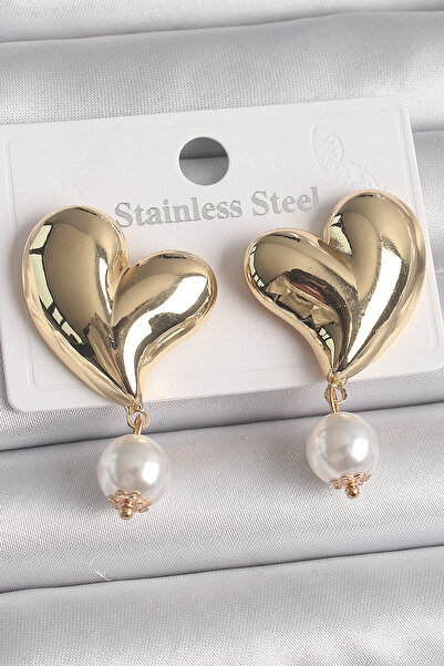 Generic Brand Brass Gold Color Heart Model Dangle Pearl Detail Women's Earrin...