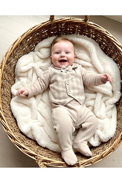 BEREN %100 Pamuk Erkek Bebek Dokuma Yelekli Kadife Papyonlu Tulum