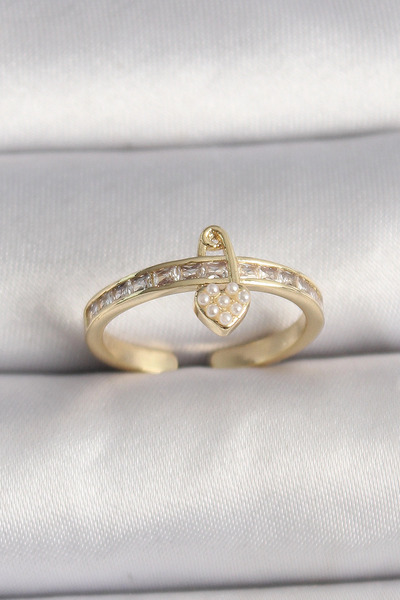 esplendor Brass Gold Color Zircon Stone Pearl Detail Lock Heart Figure Adjust...