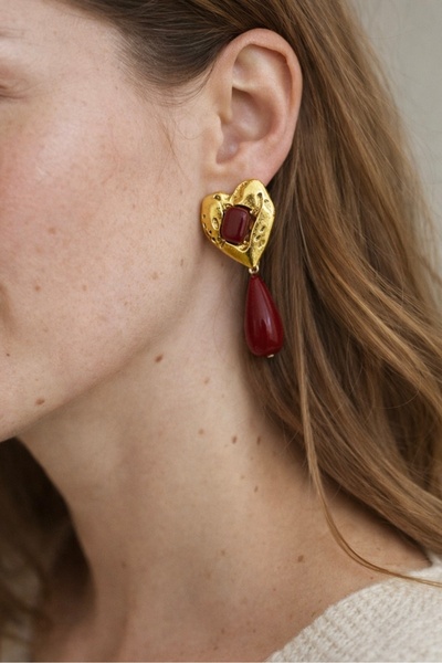 YENGEÇ Brand Model Burgundy Dangling Heart Earrings