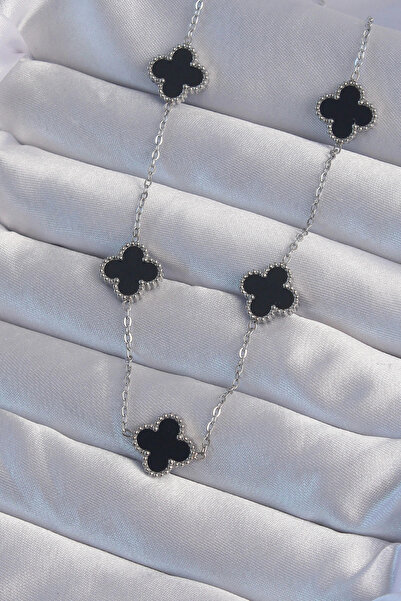 Generic Brand 316L Steel Silver Color Black Enamel Clover Necklace