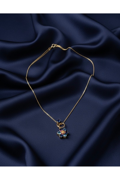 Hiis Store Lacivert Taşlı Lotus Çiçek Figürlü Kadın Kolye - Gold Zincir Şık T...