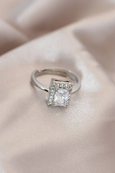 esplendor خاتم نموذج مستطيل من الزركون المعدني باللون الفضي والكريستال