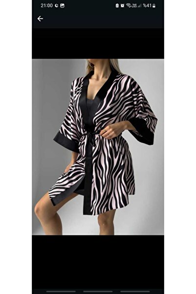 Belsonno Zebra Saten Askılı Gecelik ve Sabahlık İkili Takım