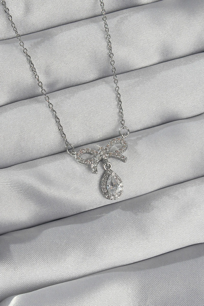 Generic Brand 316L Steel Silver Color Zircon Stone Bow Detail Drop Necklace