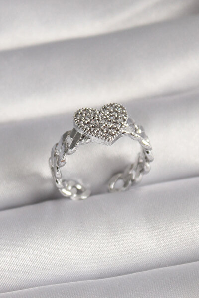 ELİZ BERRA MODA خاتم نسائي من النحاس الفضي اللون بحجر الزركون على شكل قلب