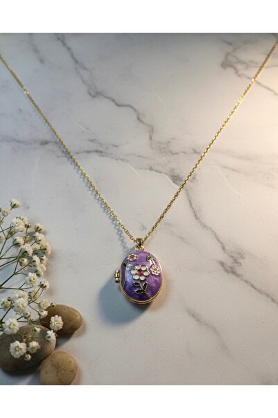 Hiis Store Kadın Altın Kaplama Açılabilir Resimlikli Madalyon Kolye - Mor Ema...