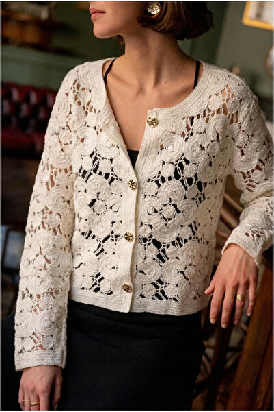 FEMELLE White Crochet Cardigan with Buttons Standard Size