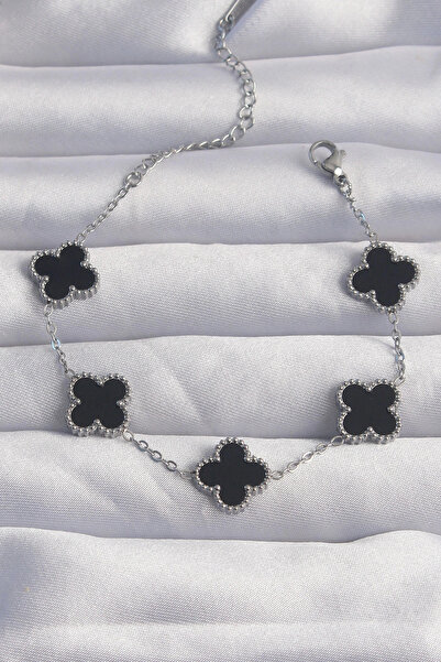 lowell home 316L Steel Silver Color Black Enamel Clover Bracelet