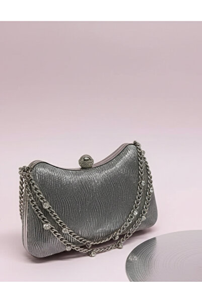 Çanta Trend Women's Wavy Glitter Platinum Evening Dress Clutch Chain Strap Ha...