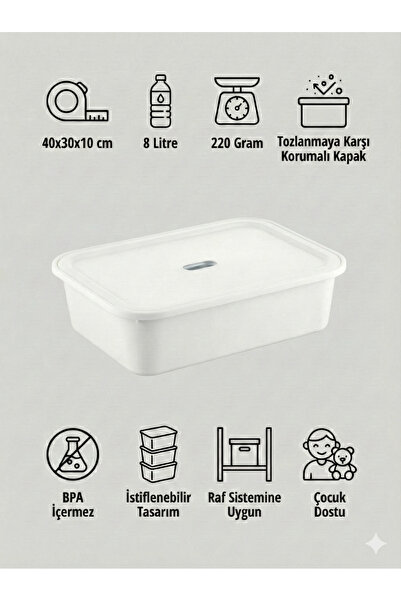 Multipurpose White Storage Box with Lid – Toy and Goods Organizer 8 Lt - 40x30x10 cm