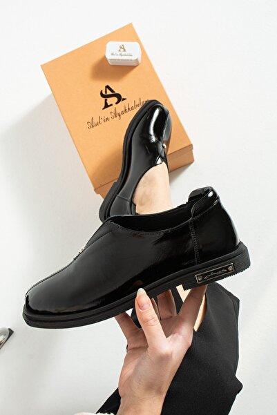 Aselin Ayakkabıları حذاء لوفر للنساء من الجلد الأصلي الأسود بكعب قصير كلاسيكي