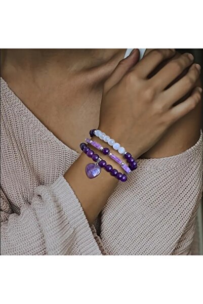 best bioenerji taş terapi Amethyst Set of 3 Natural Stone Bracelets