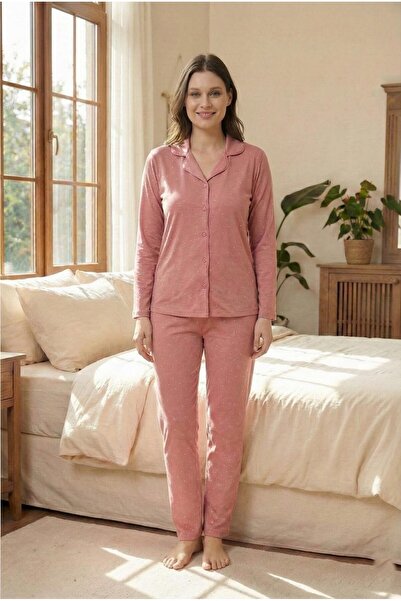 RAGİDE Suede Pink Buttoned Long Sleeve Pajama Set