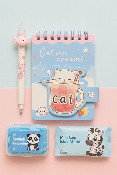 matheon Sevimli Kedi Seti: Spiralli Mini Not Defteri + Uçlu Kalem + Islak Men...