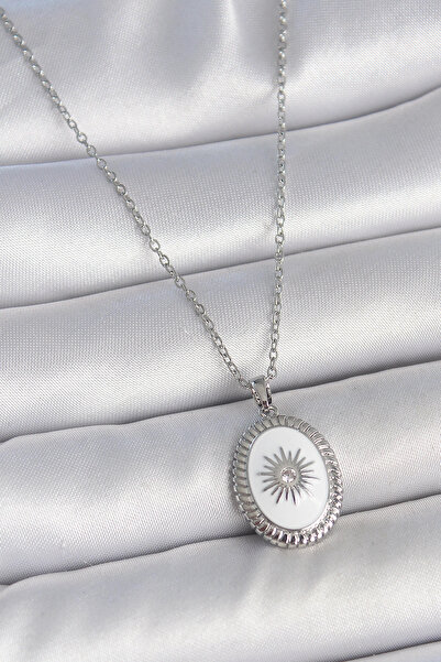 esplendor Silver Colored White Enamel Sun Patterned Evil Eye Beaded Necklace