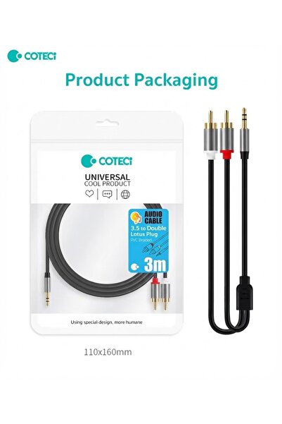 COTECi 3.5mm to 2 RCA Ses Kablosu Jack Aux Lale Jak Tos Fiş Amfi Hoparlör Dön...