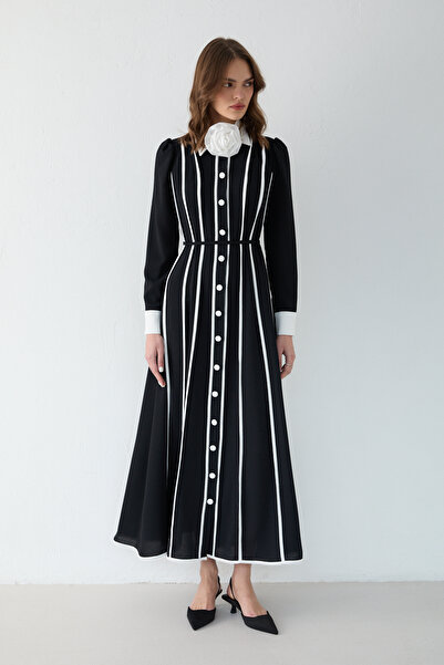 Melike Tatar Piped Crepe Dress with Brooch 32-2639