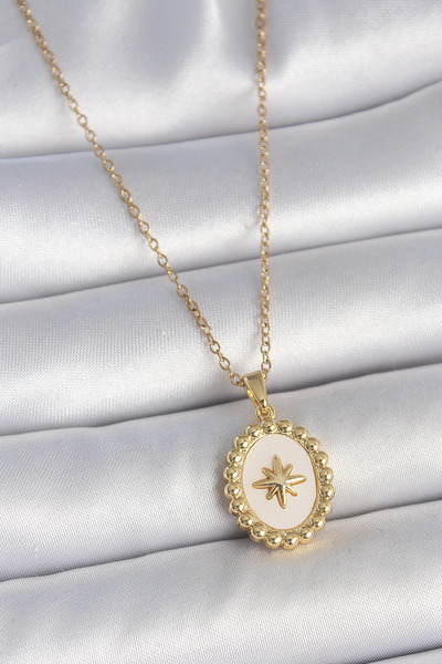 esplendor 316L Steel Gold Color Chain White Enamel Pole Star Embroidered Meda...