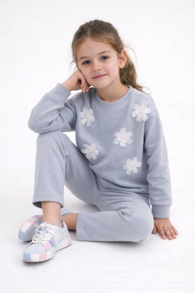 BABY SPORT Kız Çocuk Takım İnci Taneli Çiçekli Aksesuarlı Uzun Kollu Pamuklu 2-5 Yaş