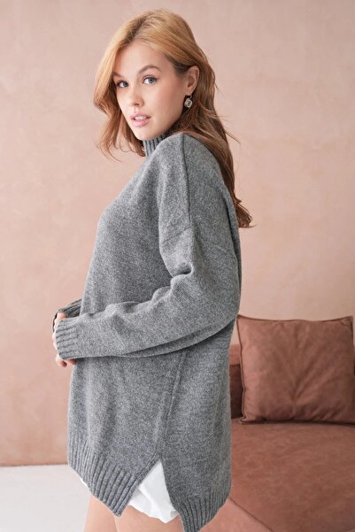 venezia giyim Women's Knitwear Sweater Half Turtleneck Slit Oversized // V8395