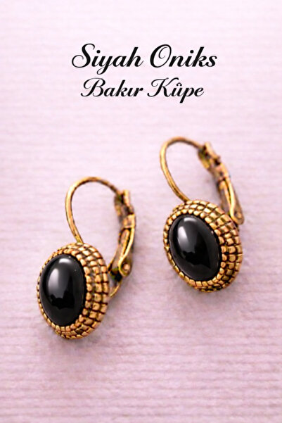 İyyaKee Kadın Bakır Küpe Doğal Siyah Oniks Taşlı 0tantik Model Saf Bakır Küpe