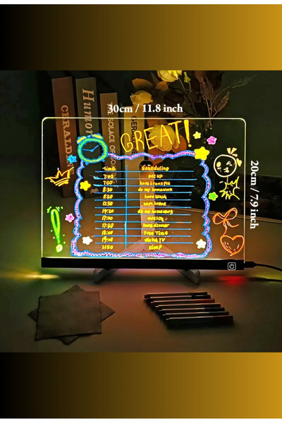 beemen LED Akrilik Yazı ve Çizim Panosu – USB Şarjlı Neon Efektli Işıklı Not ...