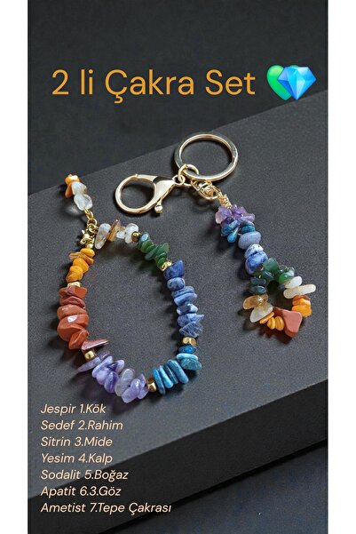 arzela Natural Stone Chakra Set of 2, Keychain and Bracelet Steel Apparatus W...