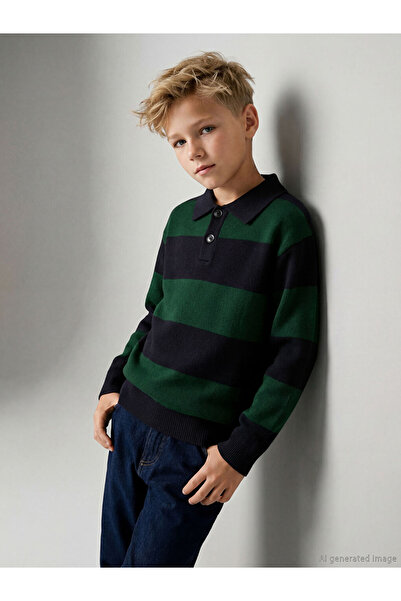 LC Waikiki Lcw Kids Green Polo Neck Striped Boys' Knitwear Sweater