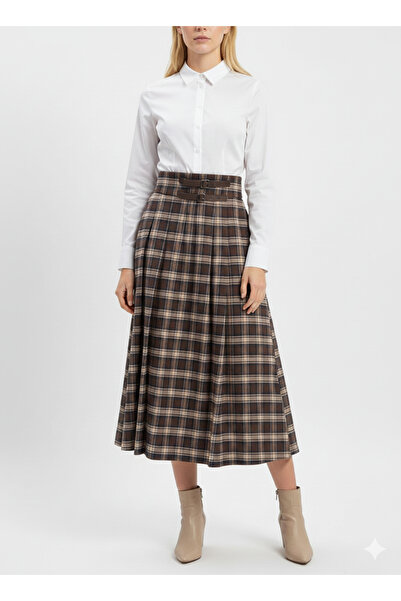 Trendalya Kadın Çift Kemer Detaylı Yırtmaçlı Cepli Yün Etek