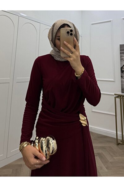 bezenstore REGULAR FİT BİSİKLET YAKA ÖN VOLANLI BEL TOKALI BORDO ELBİSE