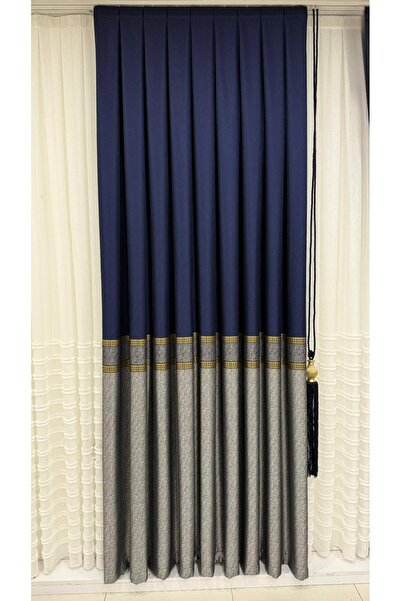 Fon Dünyası Panel Backdrop Curtain Luxurious Textured Navy Blue with Gold Str...