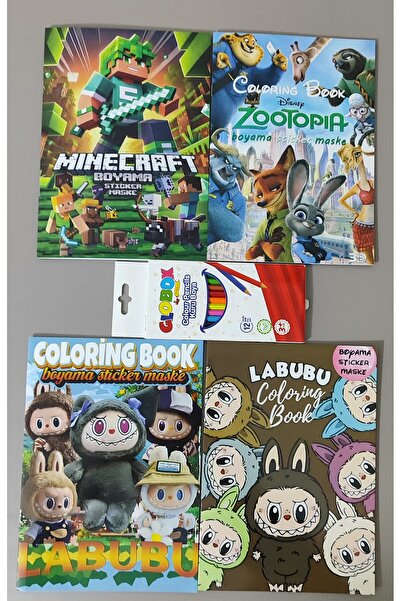 ada çanta kırtasiye 4 adet stickerli boyama kitabı ve 12 li kuru boya kalemi ...