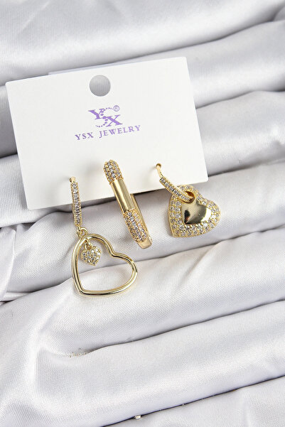 esplendor Brass Zircon Stone Heart Model Gold Color 3-Piece Women's Earrings