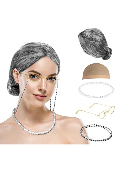 KASTWAVE طقم زي سيدة عجوز من فيكول مع شعر مستعار وقبعة