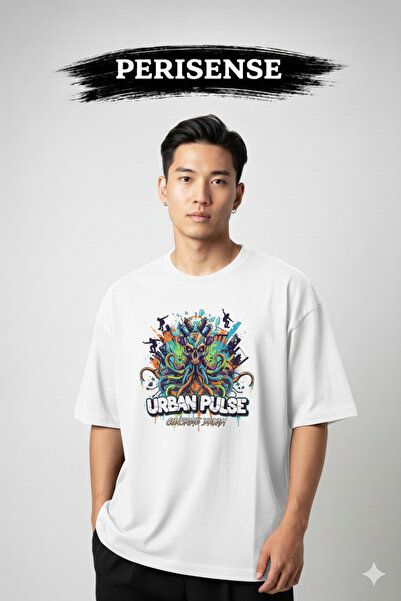 PERISENSE تي شيرت للجنسين جرافيتي مطبوع من القطن الممشط الفاخر قصة فضفاضة
