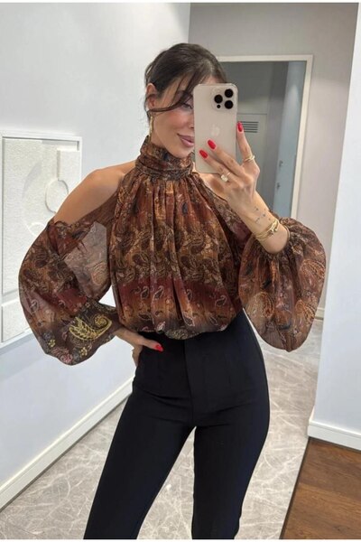 Gülümse boutique kahve yoğunlukta şifon desenli bluz