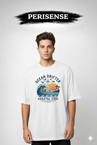 PERISENSE Unisex Beach Printed Premium Combed Cotton Oversized T-Shirt