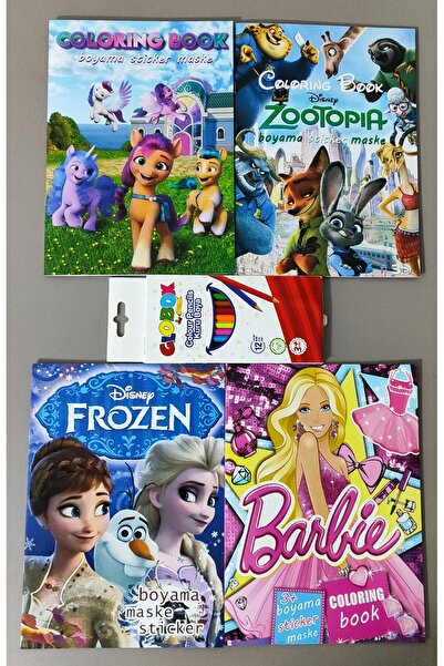 ada çanta kırtasiye 4 adet stickerli boyama kitabı ve 12 li kuru boya kalemi ...
