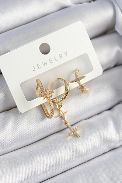 esplendor Brass Zircon Stone Star Model Gold Color 3-Piece Double Women's Ear...