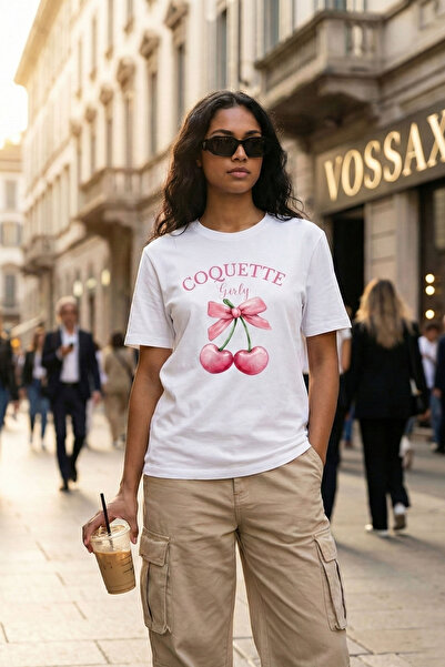 VOSSAX Kadın Beyaz Oversize Coquette Girly Kiraz ve Fiyonk Baskılı %100 Pamuk Bisiklet Yaka Tişört