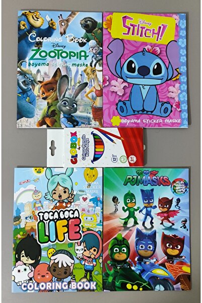 ada çanta kırtasiye 4 adet stickerli boyama kitabı ve 12 li kuru boya kalemi ...